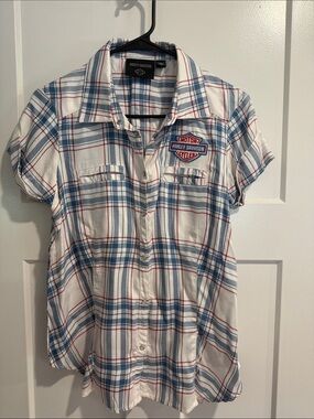 Harley-Davidson White, Blue & Red Plaid Short Sleeve Button-Up Shirt